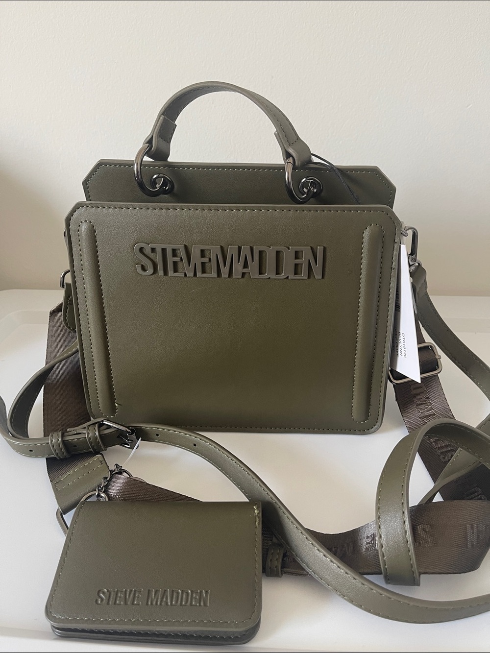 Steve Madden Olive Green Top-Handle Crossbody Bag with Removable Card Holder